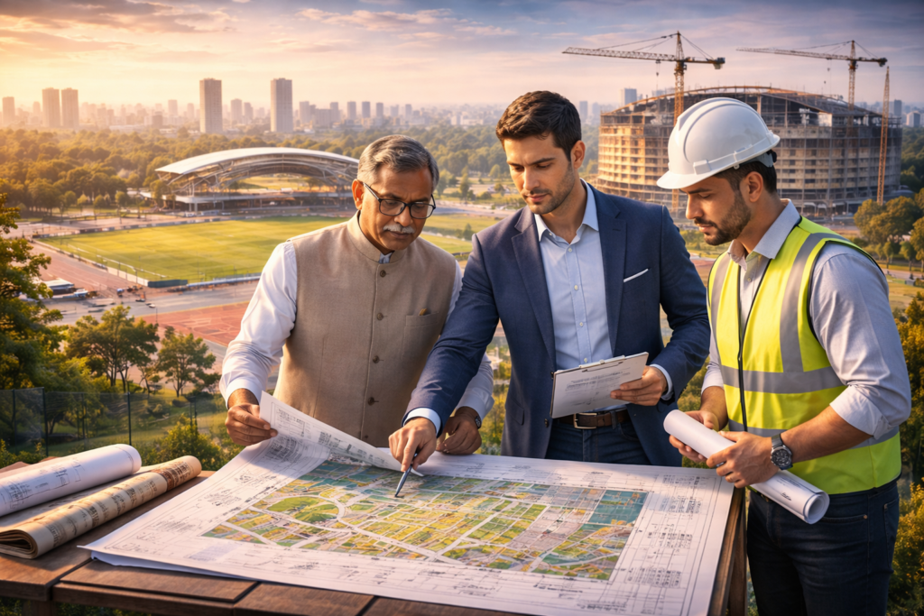 Concessionaire team and advisors reviewing plans for a PPP sports project during post-award execution