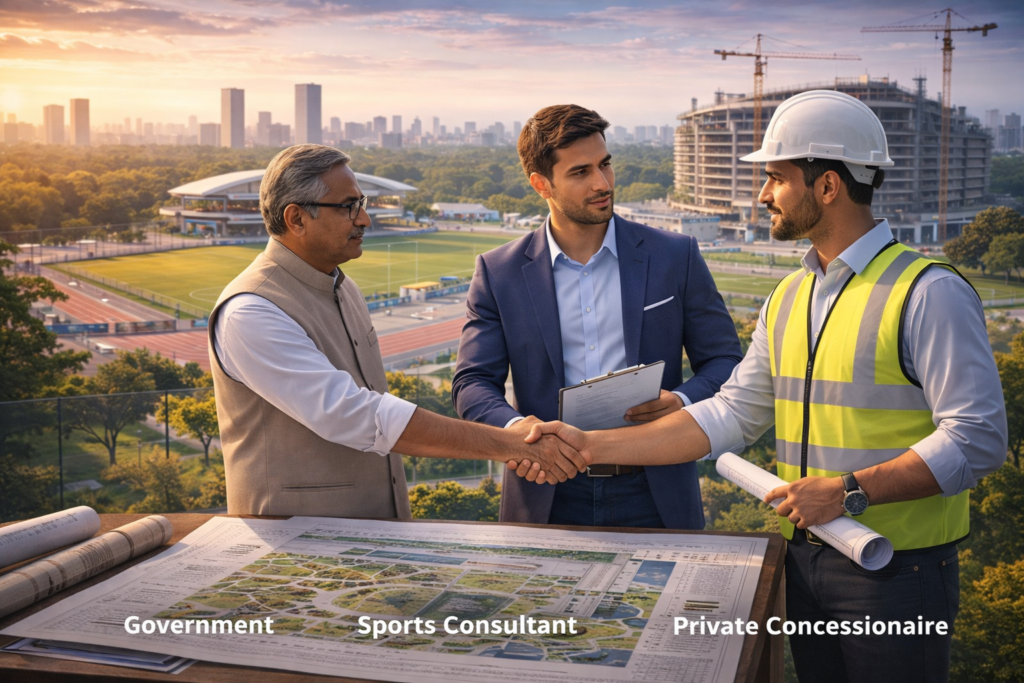 Public authority, sport-domain advisor, and private concessionaire reviewing plans for a PPP sports infrastructure project