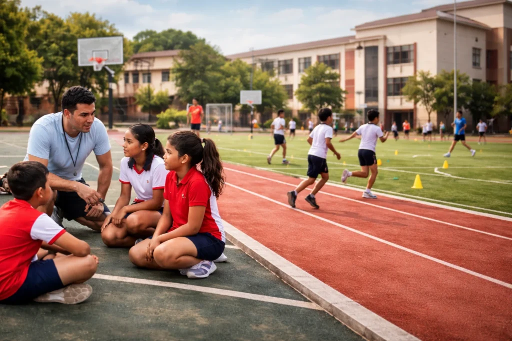 Students training in a school sports facility under coach supervision, highlighting integrated sports infrastructure in educational institutions.
