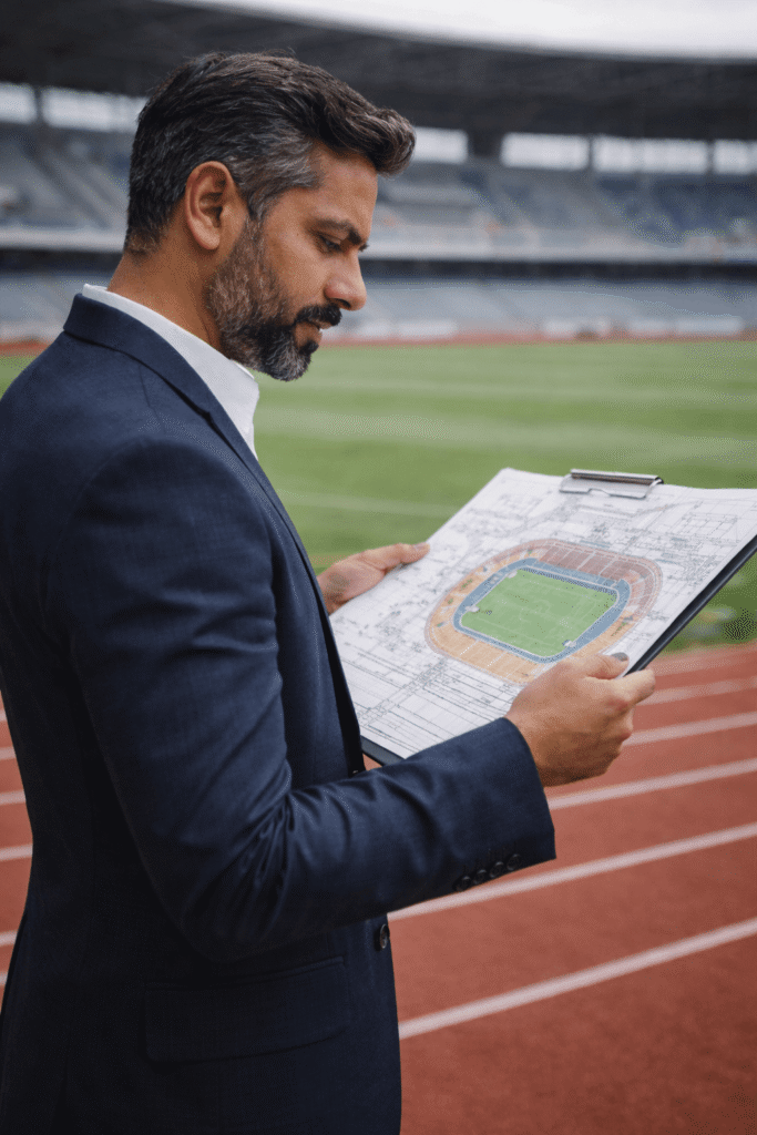 Sports infrastructure consulting enquiry form with professional consultant reviewing project details