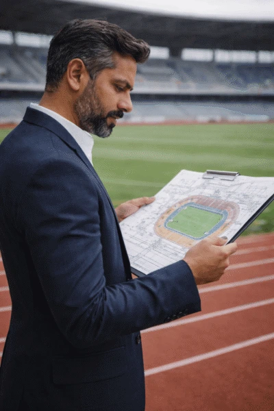 Sports infrastructure consulting enquiry form with professional consultant reviewing project details